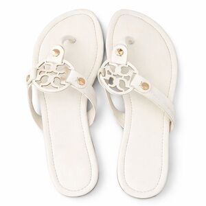 Tory Burch Miller White Leather Thong Sandals Gold Logo Size 40 / 9-9.5 - New